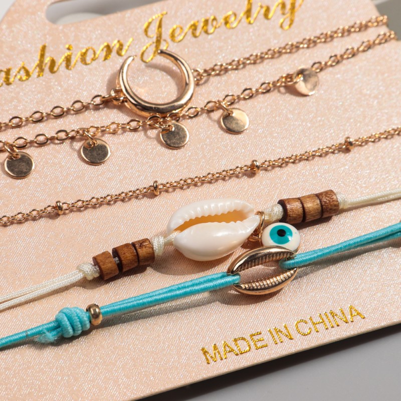 Hawaiian Set Supplier - Popular Hawaiian 5pcs/set Holiday Jewelry Shell Anklet Devil's Eye Pendant Moon Alloy Disc Sexy