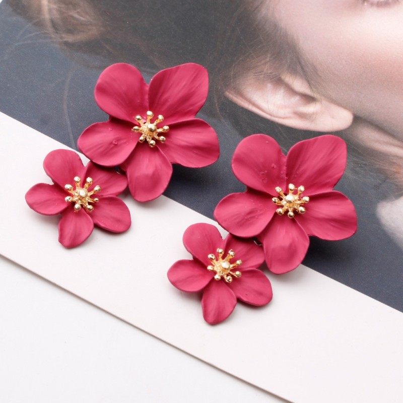 Flower Earrings Manufacturer - European American Fashion Double Flower-Shaped Multi-Color Alloy Earrings