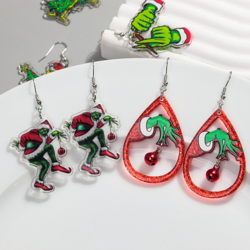 Christmas Earrings Manufacturer - Grinch Cartoon Cute Hulk Red Bell Tree Drop Funny Acrylic Print