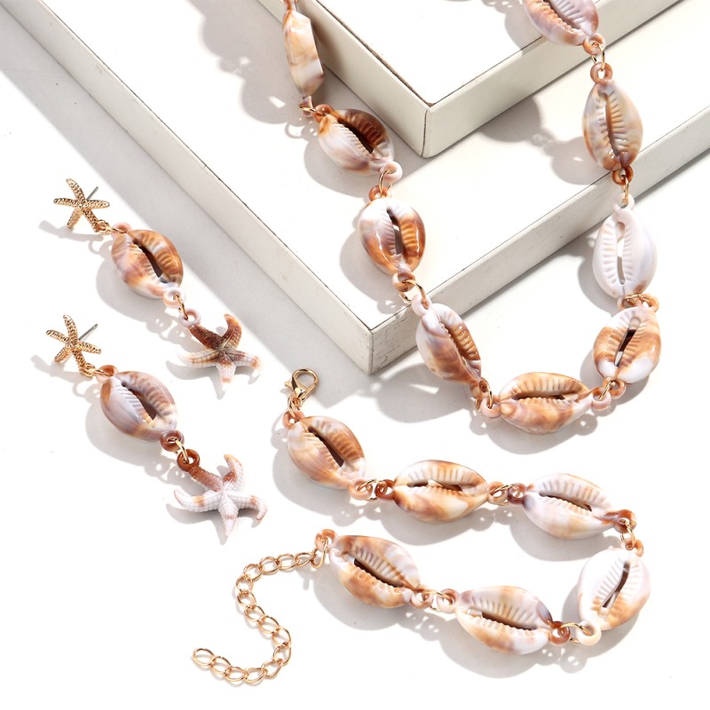 Shell Jewelry Set Supplier - Bohemian Jewelry 2025 Holiday Trend Beach Accessories Starfish Earrings Conch Bracelet