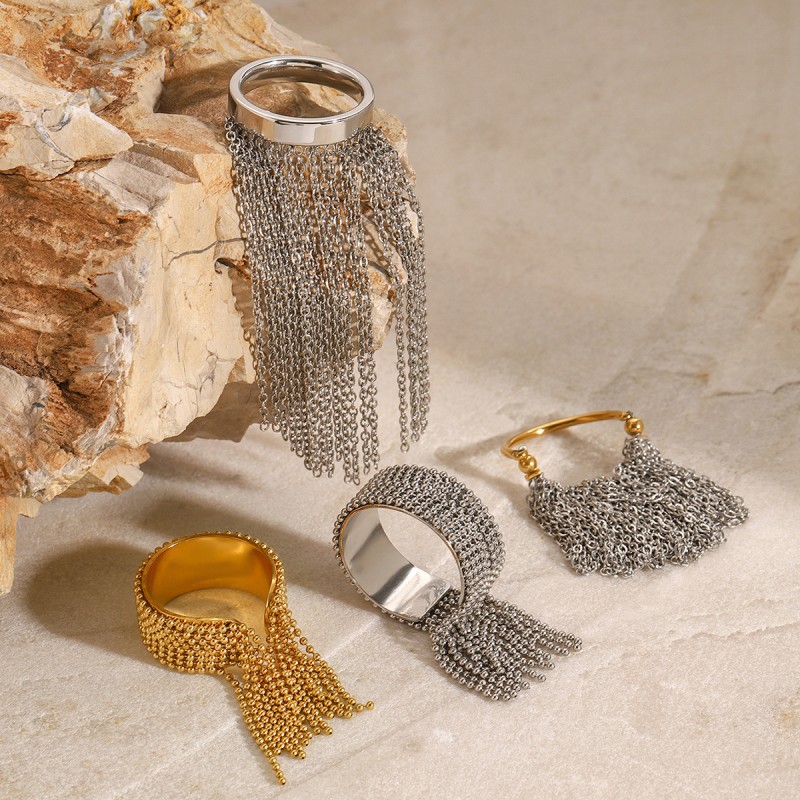 Hiphop Ring Manufacturer - European Hot Selling Luxury 18k Gold Plated Hiphop Titanium Steel Jewelry Punk Tassel Finger