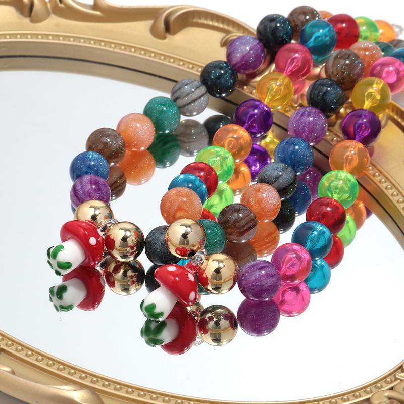 Glitter Necklace Supplier - Cute New Colorful Transparent Glitter Beaded Necklace 16mm Round Ball Mushroom