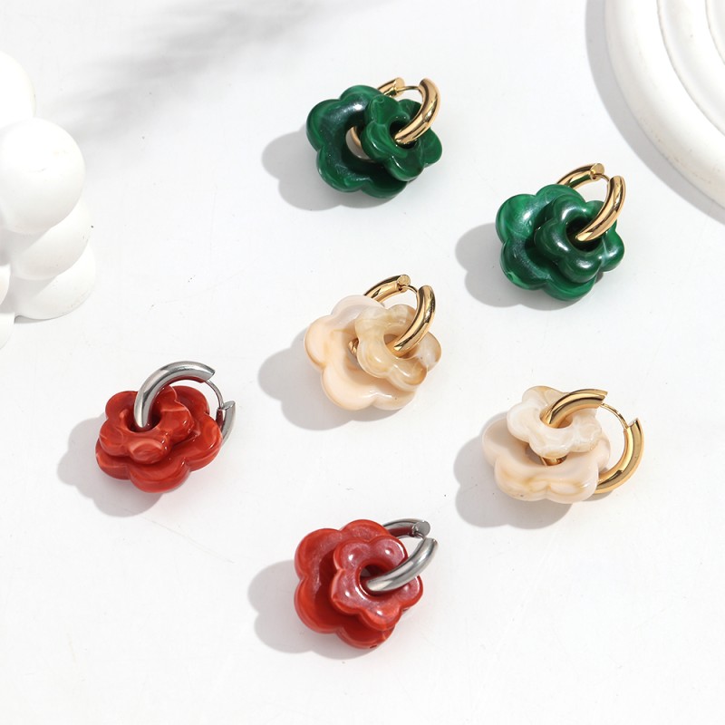 Marble Earrings Supplier - Bohemian Style Stainless Steel Jewelry Colorful Marble Flower Charms DIY Acrylic