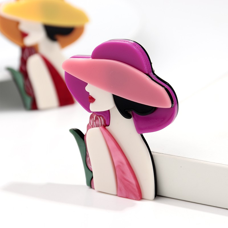 Character Brooch Supplier - Modern 2025 Cartoon Character Brooch Pin Accessory Elegant Woman with Hat Custom