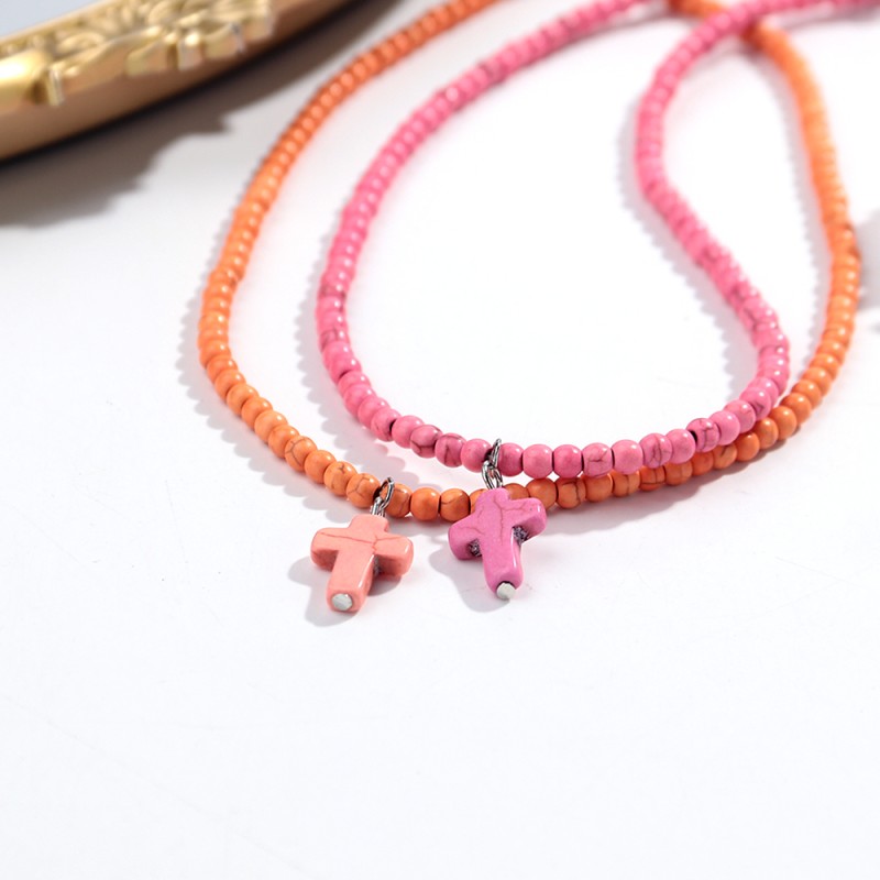 Beaded Necklace Factory - Ins Simple Colorful Beaded Necklace Jesus Cross Pendant Natural Stone Turquoise