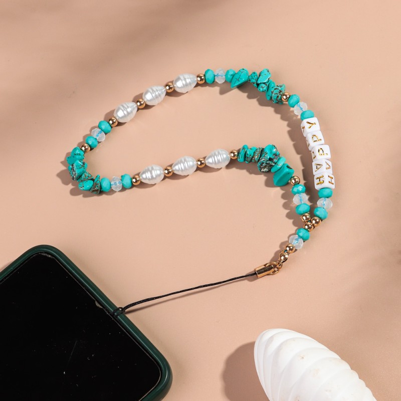 Bohemian Chain Supplier - Bohemian Casual Holiday Lanyard Chain Artificial Pearl Irregular Resin Turquoise HAPPY