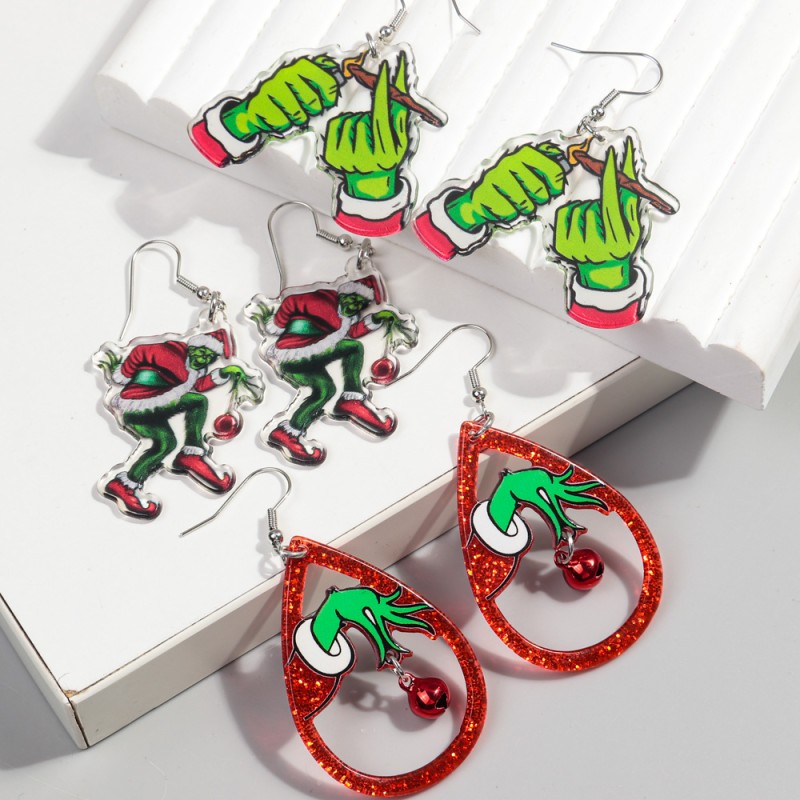 Christmas Earrings Manufacturer - Grinch Cartoon Cute Hulk Red Bell Tree Drop Funny Acrylic Print