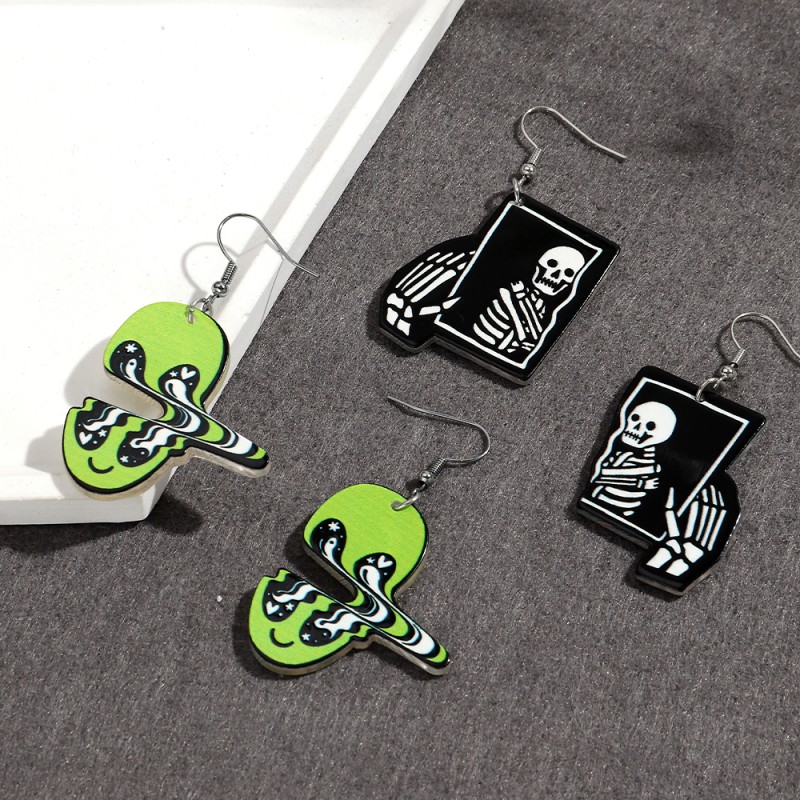 Gothic Earrings Supplier - Gothic Funny Party Jewelry Colorful Horror Print Ghost Bat Skeleton Acrylic