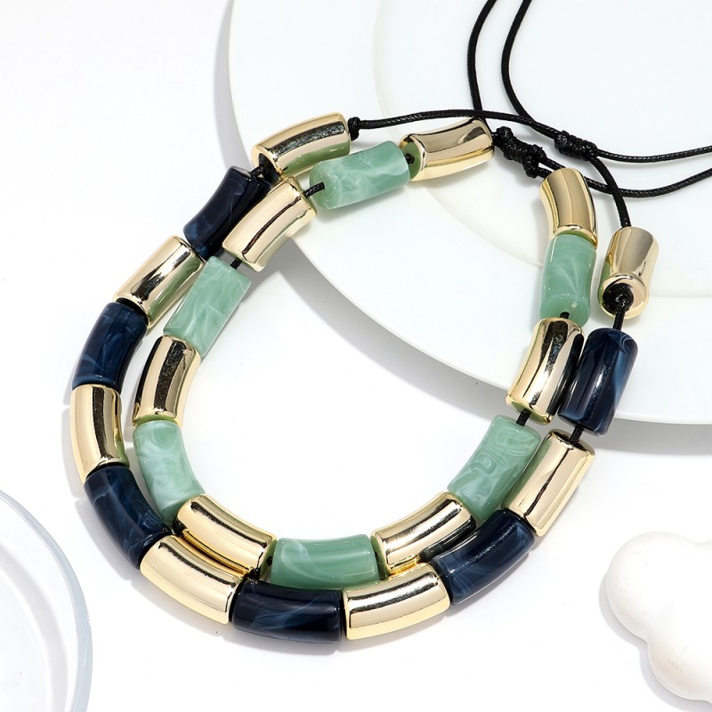Marble Necklace Manufacturer - Casual Colorful Marble Beads Gold Plated Tube Beads Adjustable Leather Cord