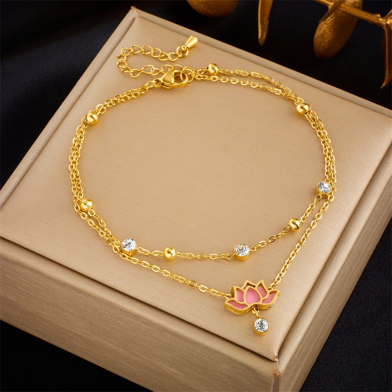 Double Layer Supplier - New Fashion Beach Jewelry Non Tarnish Double Layer Stainless Steel 18k Gold Zircon Flower