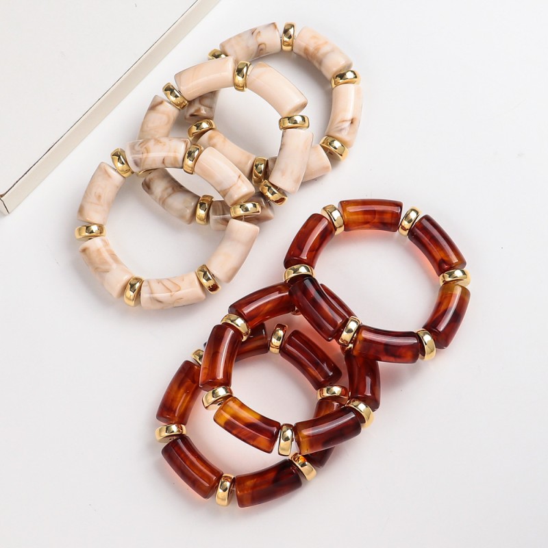 Chunky Bracelet Factory - Vintage Autumn Winter Gold Plated Resin Marble Amber Bamboo Acrylic Elastic