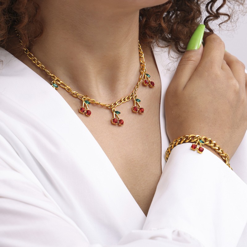 Cherry Set Supplier - A Fashionable Stainless Steel Gold-plated Necklace Bracelet Cherry-decorated Jewelry Set for Women
