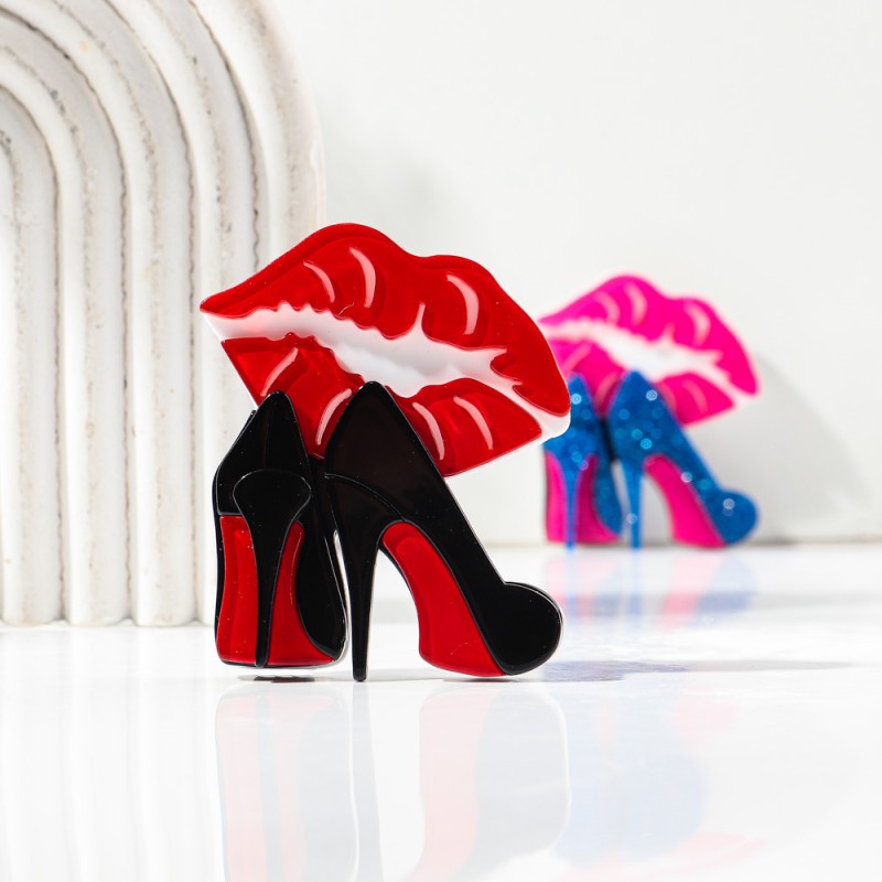 Lapel Brooch Factory - Creative Trendy Lapel Clothing Accessories Sexy Red Lips Glitter High Heels Acrylic