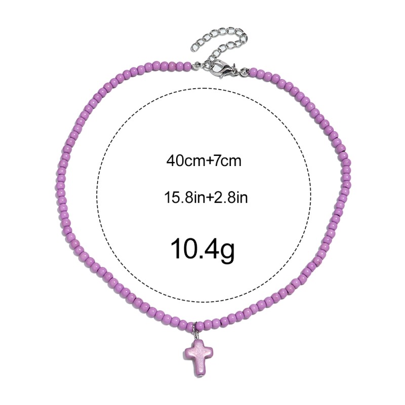 Beaded Necklace Factory - Ins Simple Colorful Beaded Necklace Jesus Cross Pendant Natural Stone Turquoise