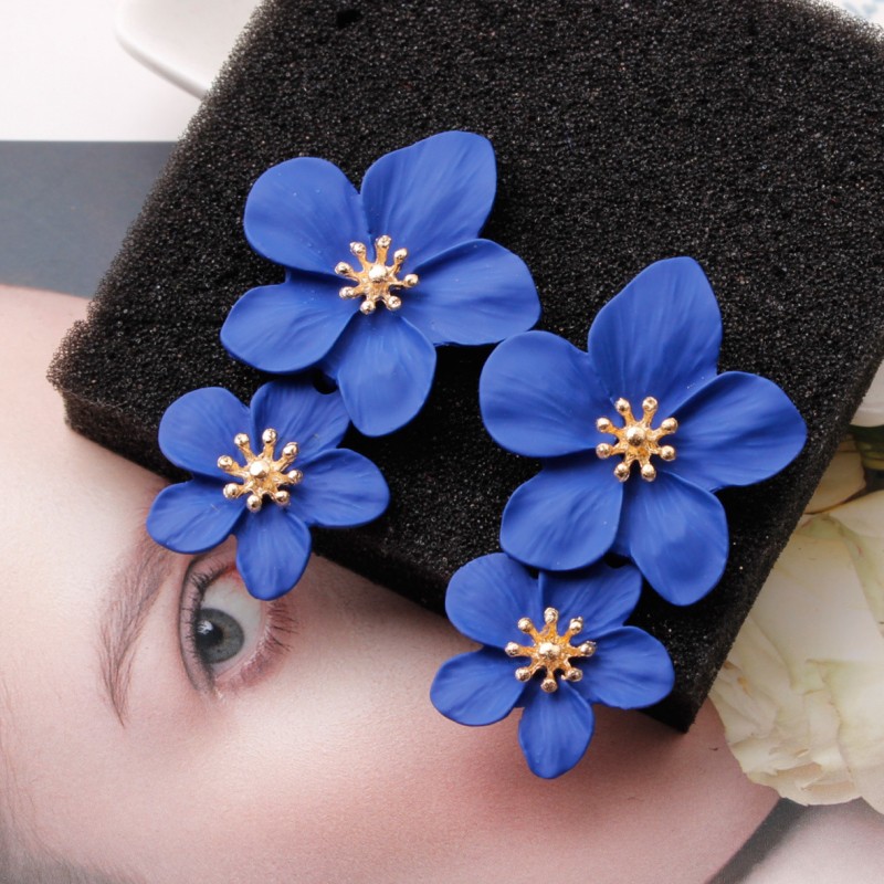 Flower Earrings Manufacturer - European American Fashion Double Flower-Shaped Multi-Color Alloy Earrings
