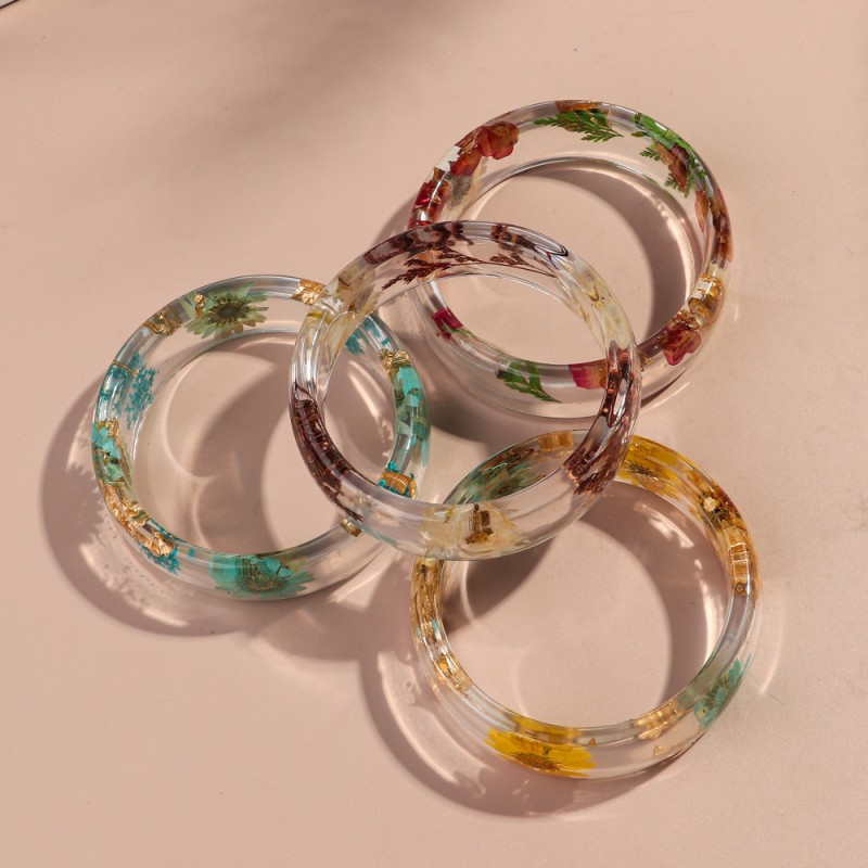Acrylic Bangle Manufacturer - 2025 Popular Leisure Resin Bohemian Colorful Dry Flower Transparent Wide