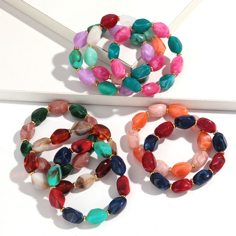Artificial Bracelet Factory - Factory Price Artificial Plastic Stone Elastic Bracelet Colorful Irregular Beads Gold