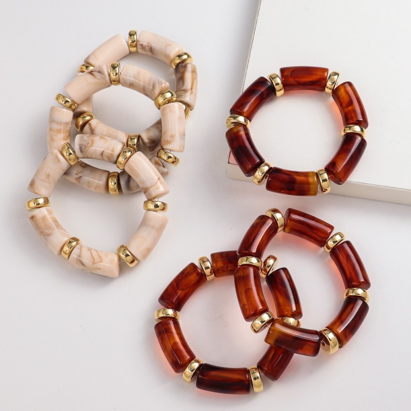 Chunky Bracelet Factory - Vintage Autumn Winter Gold Plated Resin Marble Amber Bamboo Acrylic Elastic