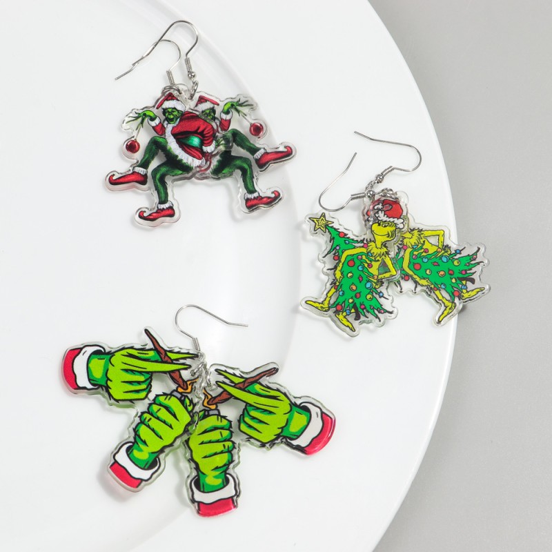 Christmas Earrings Manufacturer - Grinch Cartoon Cute Hulk Red Bell Tree Drop Funny Acrylic Print