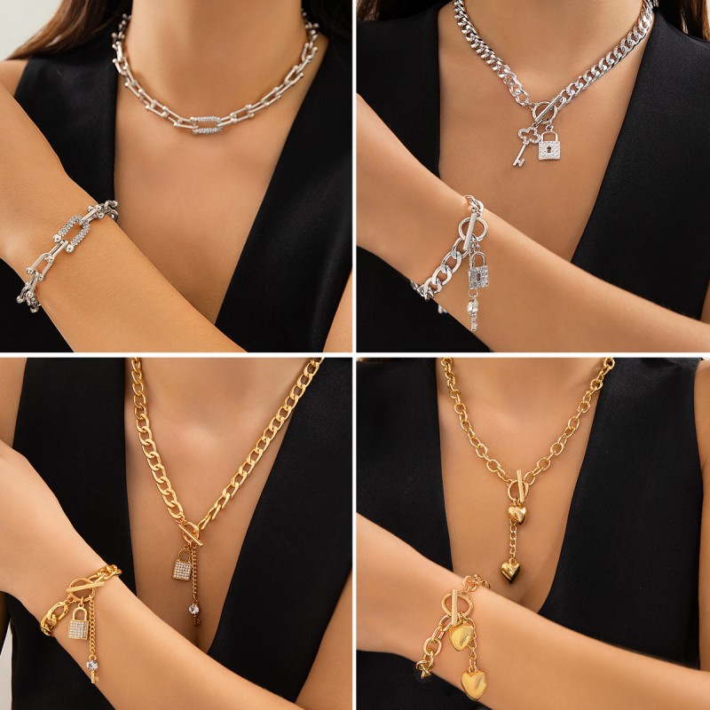 Love Heart Set Factory - Fashion Custom Alloy Love Heart Shape Lock Choker Necklace Minimalist 18k Sliver Plated Chunky