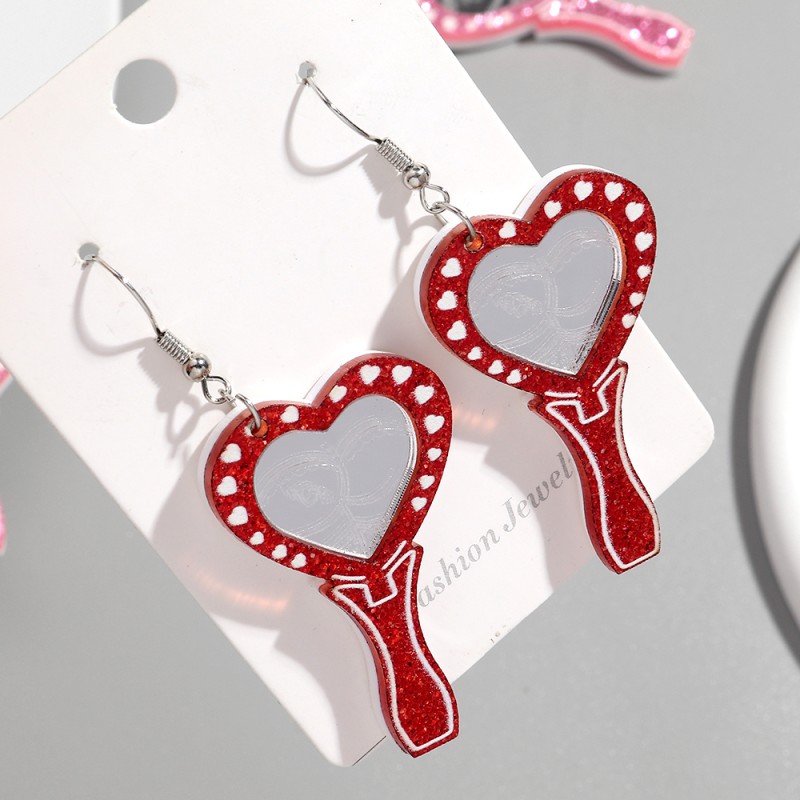 Holiday Earrings Supplier - Wholesale Creative Holiday Jewelry Colorful Glitter Pink Red Heart Mirror