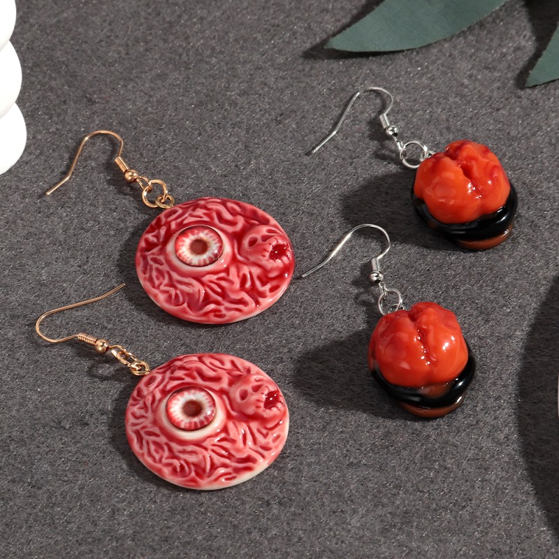 Horror Earrings Manufacturer - Unique 3D Resin Horror Toy Earrings Halloween Jewelry Red Eyeballs Brain