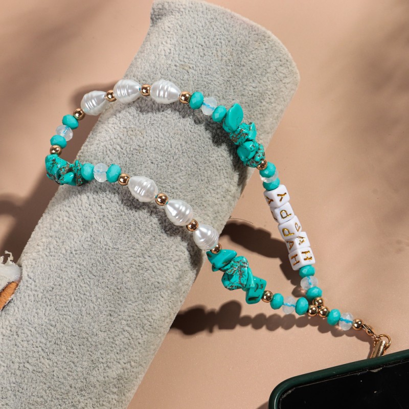 Bohemian Chain Supplier - Bohemian Casual Holiday Lanyard Chain Artificial Pearl Irregular Resin Turquoise HAPPY