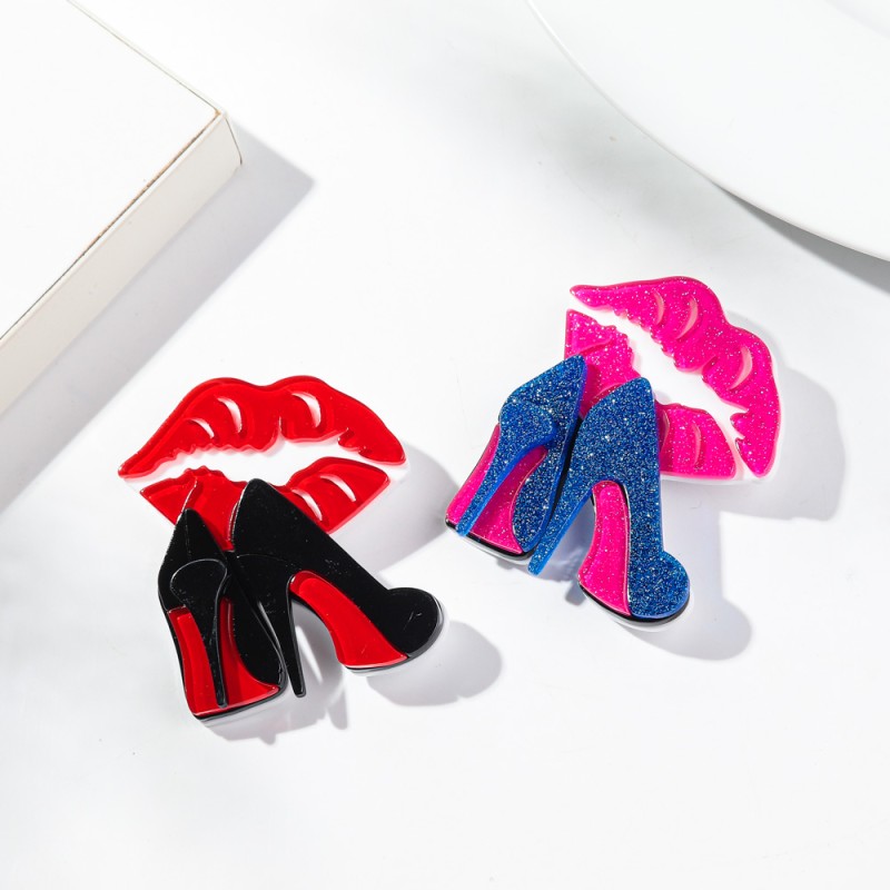 Lapel Brooch Factory - Creative Trendy Lapel Clothing Accessories Sexy Red Lips Glitter High Heels Acrylic