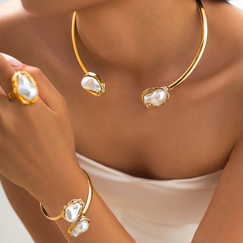 Baroque Set Factory - 2025 New Trend Luxury Baroque Pearl Rings Temperament Collar Necklace Bracelet Elegant Jewelry