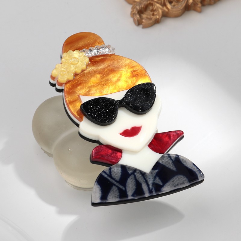 Vintage Brooch Manufacturer - Vintage Autumn Winter Coat Accessories Pin with Sunglasses Gold Hair Women Badge