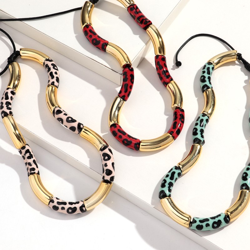 Leopard Necklace Factory - Unique Classic Style Colorful Leopard Print Jewelry Gold CCB Bamboo Bead