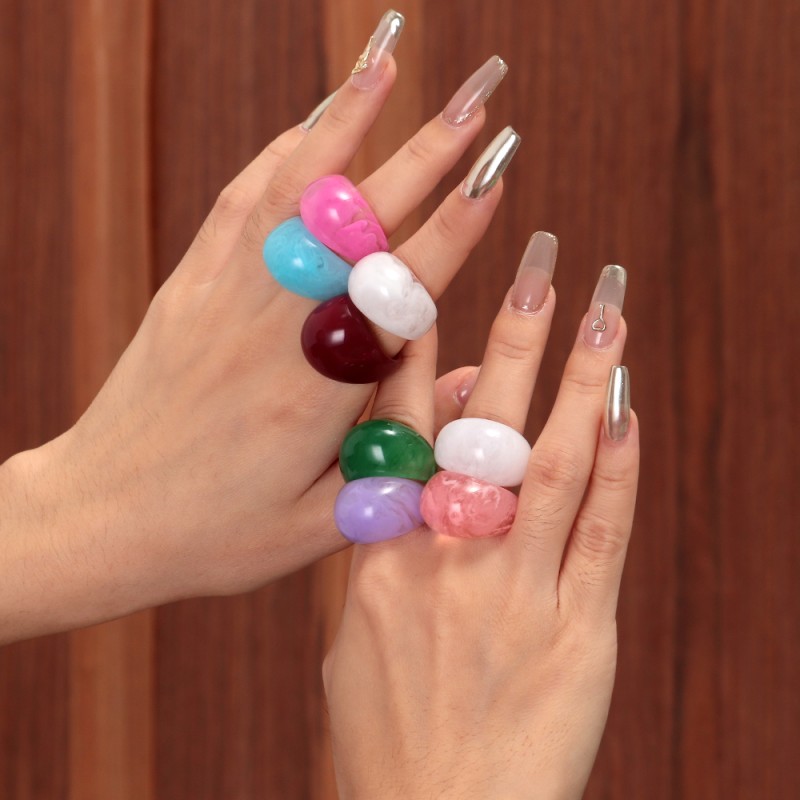 Geometric Ring Supplier - Casual New Geometric Shape Finger Ring Colorful Marble Color Resin Round Ring Gift