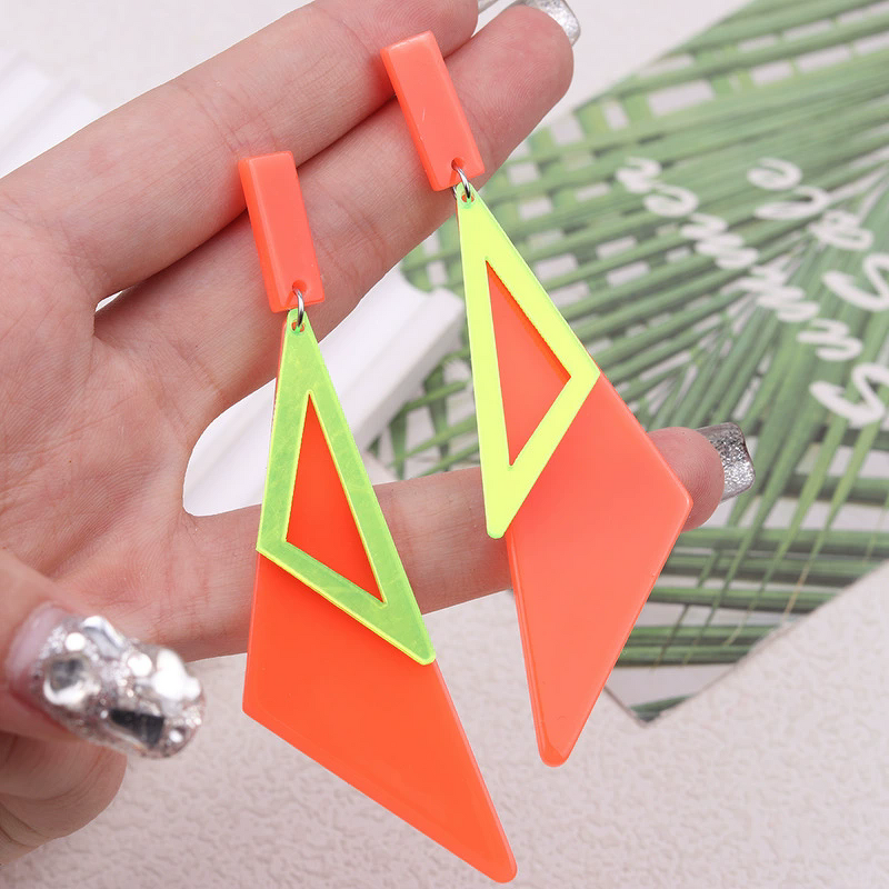 Acrylic Earrings Manufacturer - Double Layered Long Triangular with Fluorescent Color
