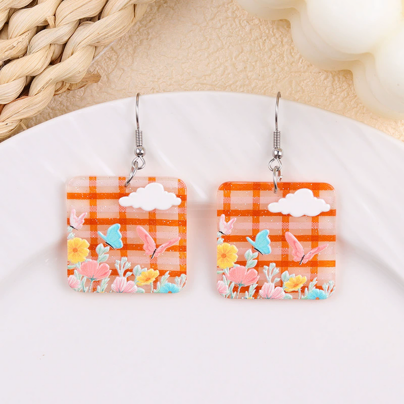 Geometric Earrings Manufacturer - Pastoral Striped Grid Flower Print Acrylic for Women