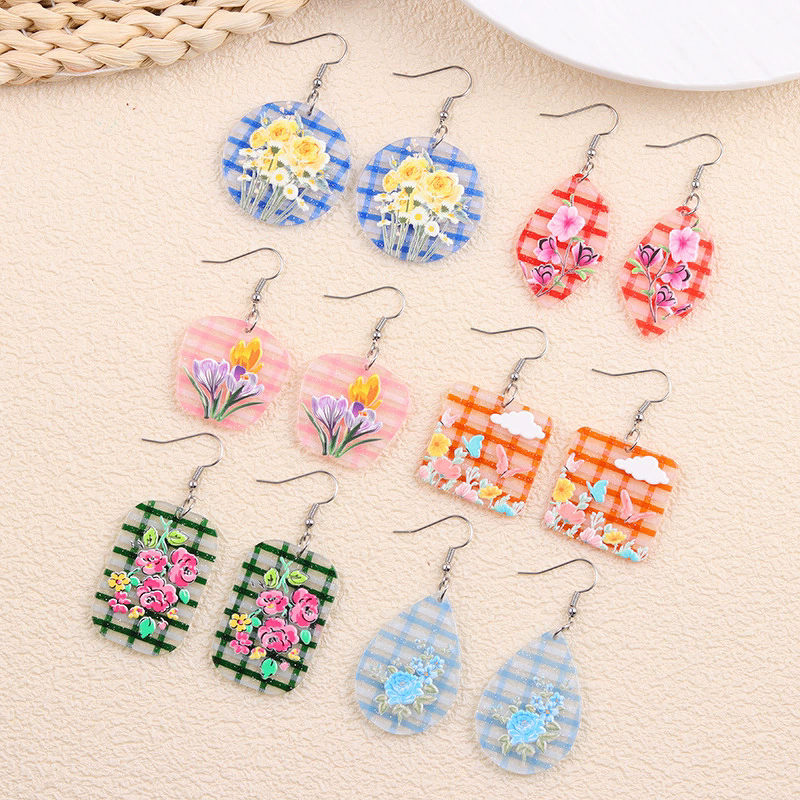 Geometric Earrings Manufacturer - Pastoral Striped Grid Flower Print Acrylic for Women