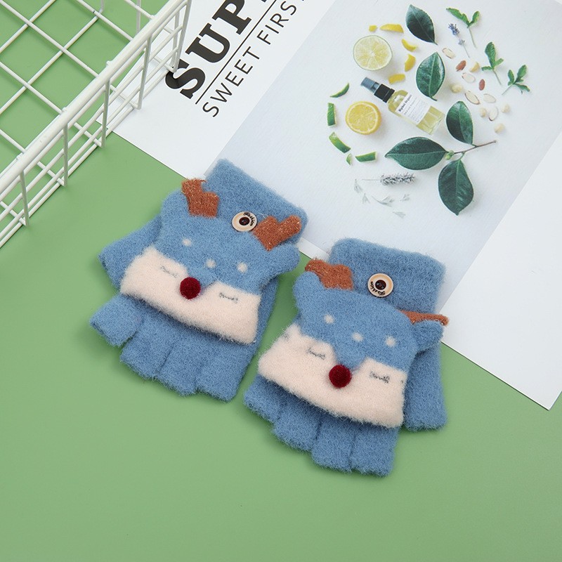 Children Gloves Factory - OEM Warm Fleecing Christmas Elk Half-finger Gloves