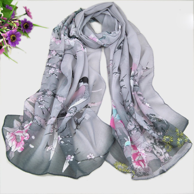 Chiffon Scarf Manufacturer - OEM 10 Colors Printed Flower Bird Silk