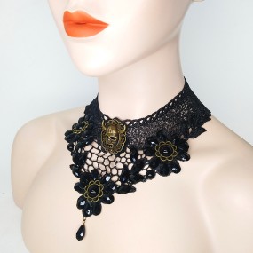 Skull Necklace Manufacturer - OEM Black Rhinestone Clavicle Lace Neckband