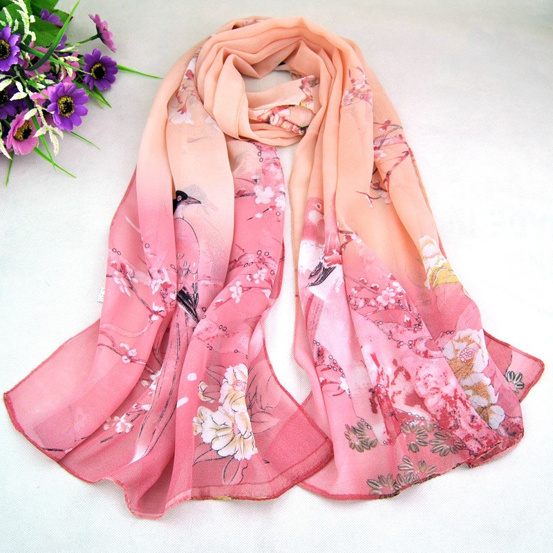 Chiffon Scarf Manufacturer - OEM 10 Colors Printed Flower Bird Silk