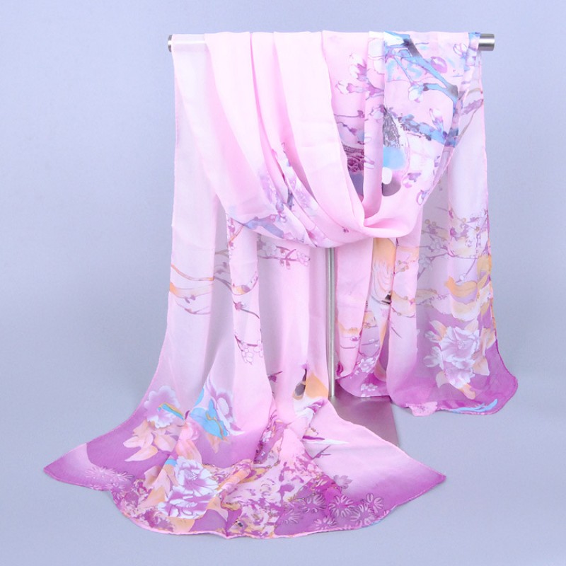 Chiffon Scarf Manufacturer - OEM 10 Colors Printed Flower Bird Silk