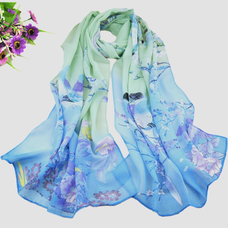 Chiffon Scarf Manufacturer - OEM 10 Colors Printed Flower Bird Silk
