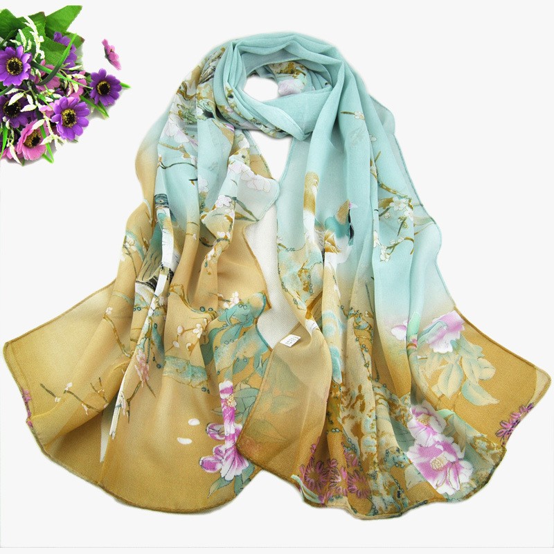 Chiffon Scarf Manufacturer - OEM 10 Colors Printed Flower Bird Silk
