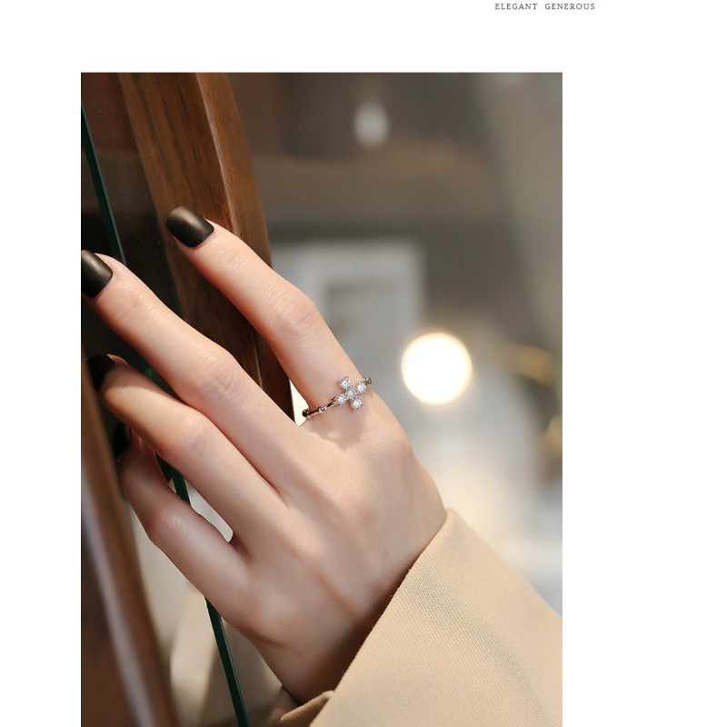 Sterling Silver Ring Factory - OEM S925 White Zircon Cross Adjustable Ring