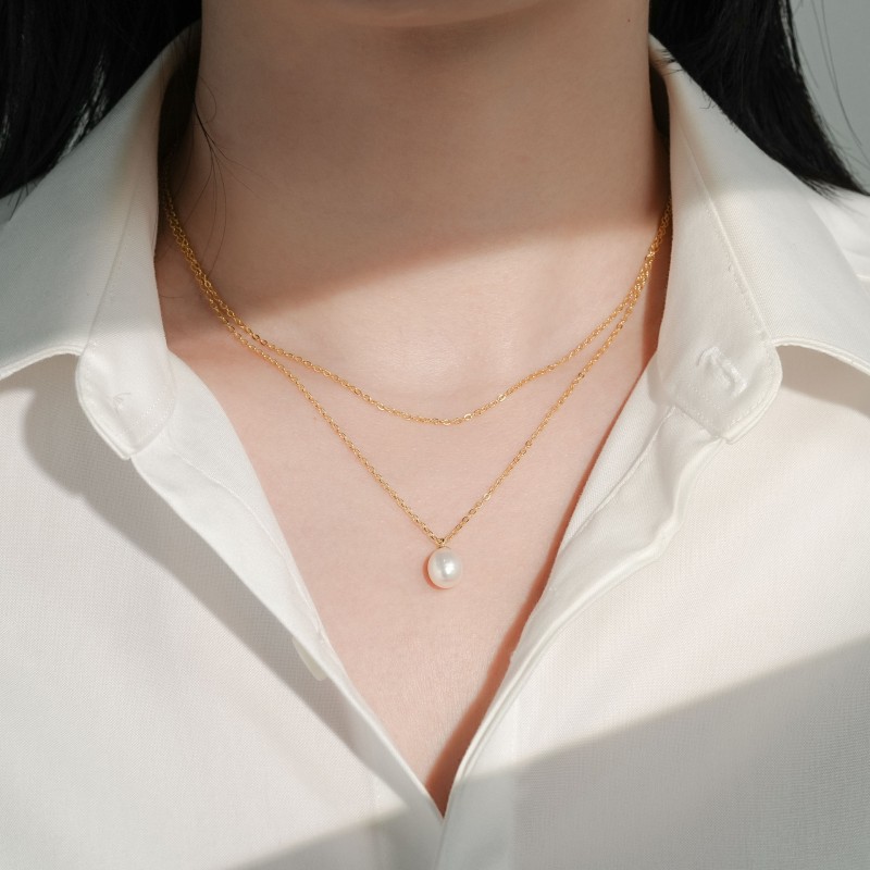 Sterling Silver Necklace Factory - OEM 925 Double Layered Natural Pearl Gold