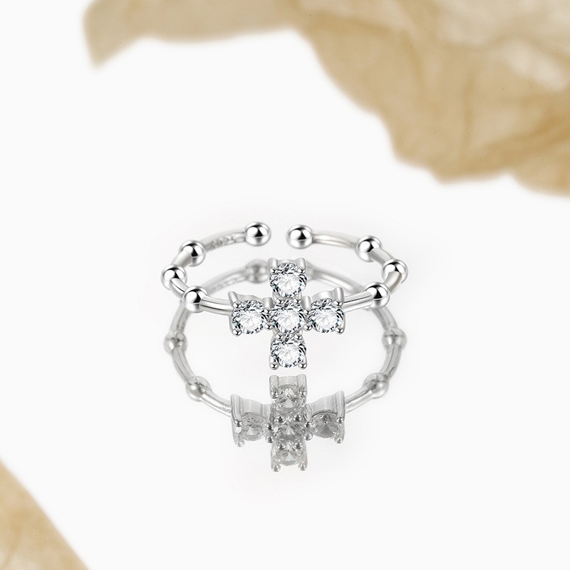 Sterling Silver Ring Factory - OEM S925 White Zircon Cross Adjustable Ring