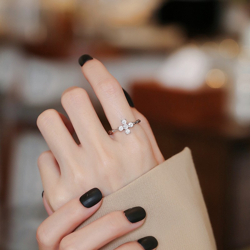 Sterling Silver Ring Factory - OEM S925 White Zircon Cross Adjustable Ring