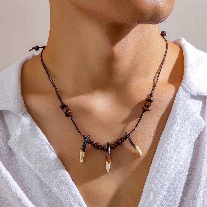 Father Necklace Manufacturer - OEM Wolf Tooth Wood Bead Necklace for Men