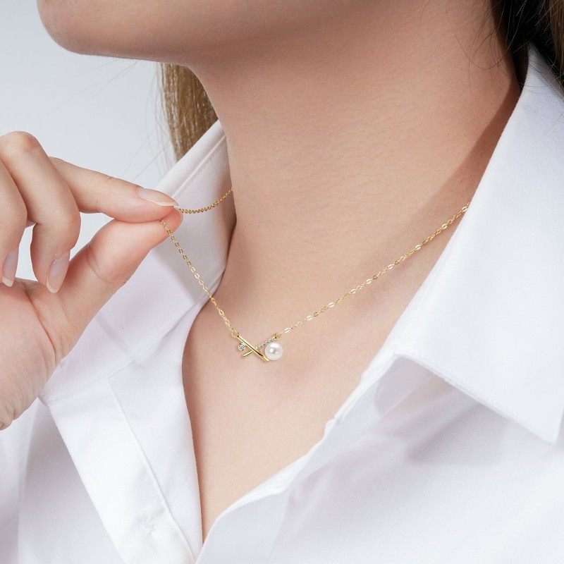 Sterling Silver Necklace Manufacturer - OEM 925 X-shaped Cross Pearl Zircon