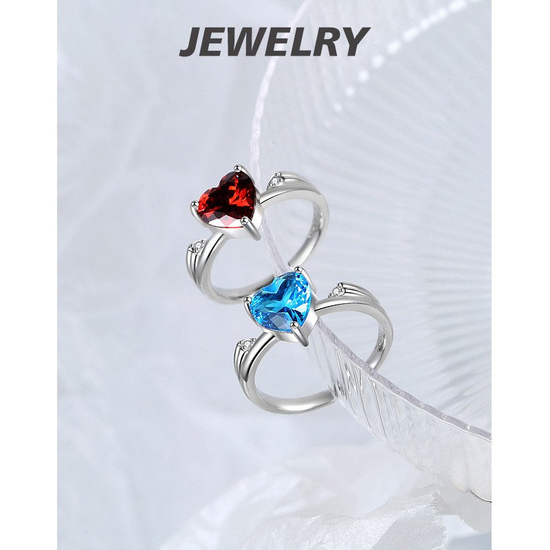 Sterling Silver Ring Factory - OEM S925 Heart Red Blue Zircon Opening Ring