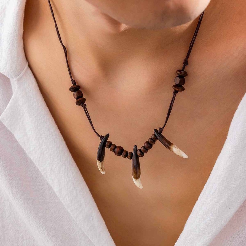 Father Necklace Manufacturer - OEM Wolf Tooth Wood Bead Necklace for Men